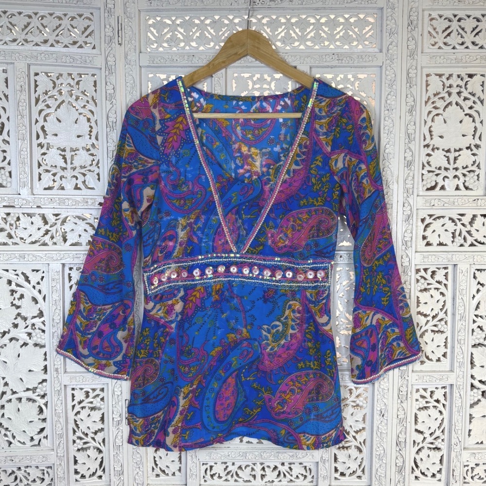 Sheer Paisley Floral Babydoll Blouse Sz XXS/XS Bell Sleeve Y2K Quarter Sleeve